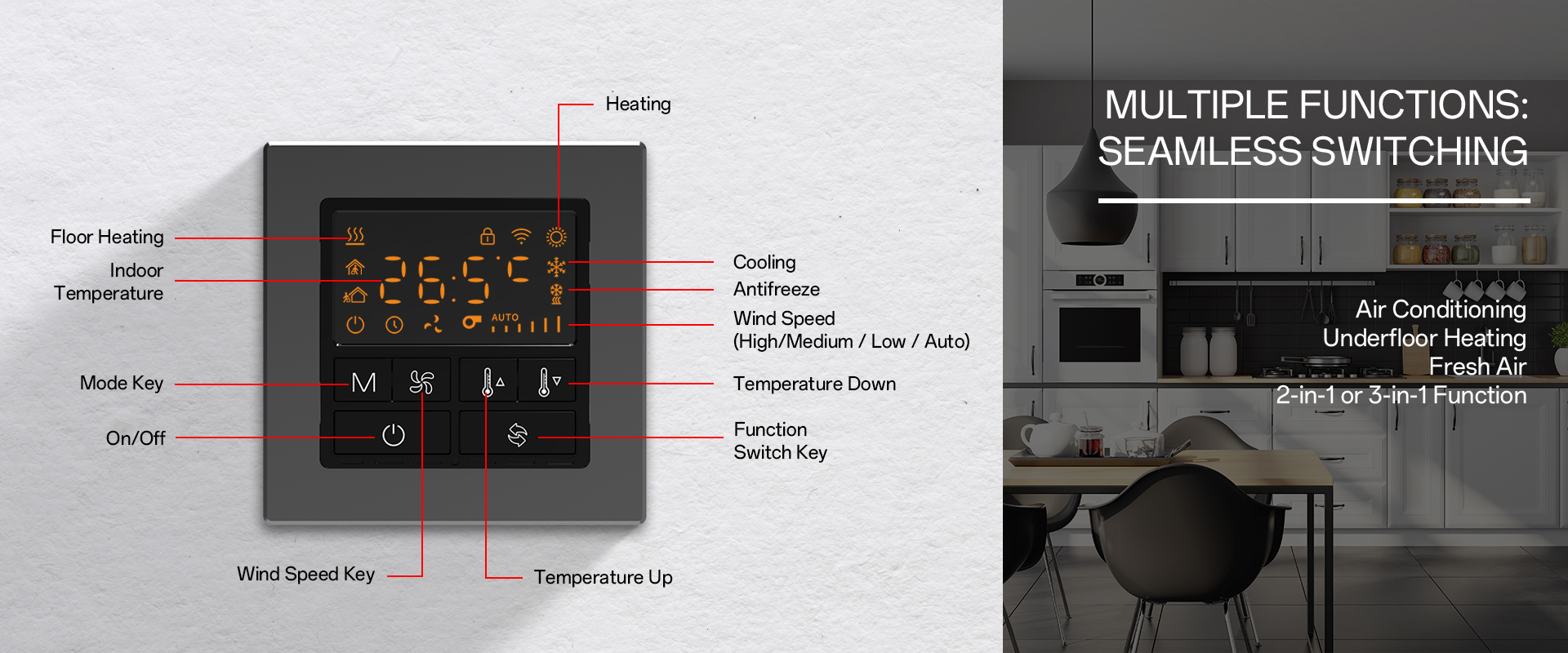 Z-WK7 smart thermostat with 3-in-1 control for air conditioning, floor heating, and ventilation