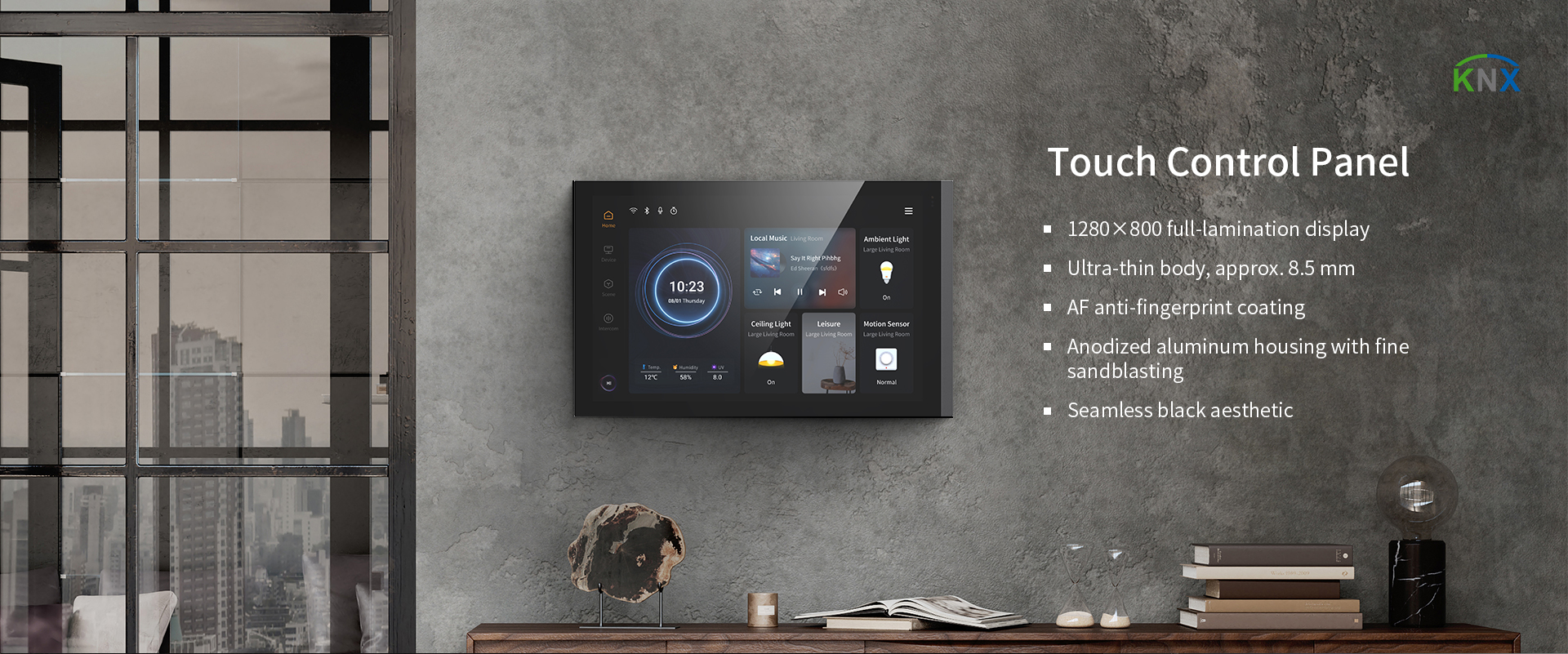 10.1-inch KNX smart touch control panel showcasing lighting, HVAC, and curtain control features